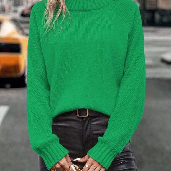 Green Casual Women's Turtleneck Pullover Sweater with Raglan Sleeve - Picture 6 of 8